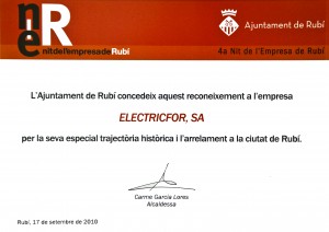 Electricfor received the prize for its historical trajectory and roots in the city from the City Council of Rubí in the IV Rubi Business Evening